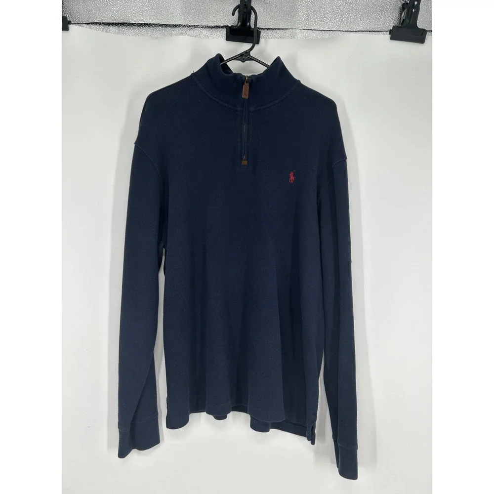 Polo Ralph Lauren Sweater Navy Knit Quarter 1/4 Zip Pullover Leather Tab Mens XL